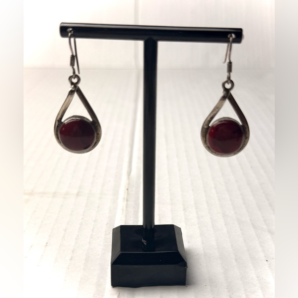 Vintage Sterling Silver 925 Red Cabochon‎ Gemstone Dangle Earrings Blood Jasper